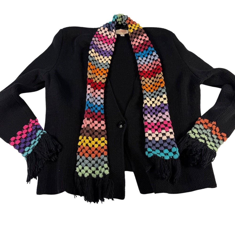 Vintage Moss Design Rainbow Crochet M/L‎  Black Cardigan 70s Boho Granny Cottage